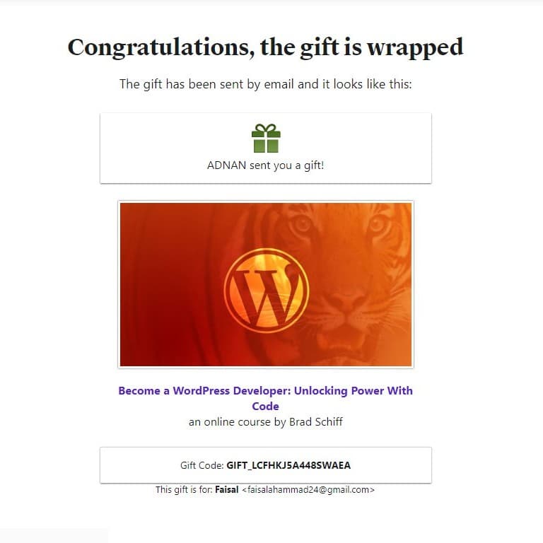 Purchase proof — become a  wordpress developer Udemy course delivery in Bangladesh