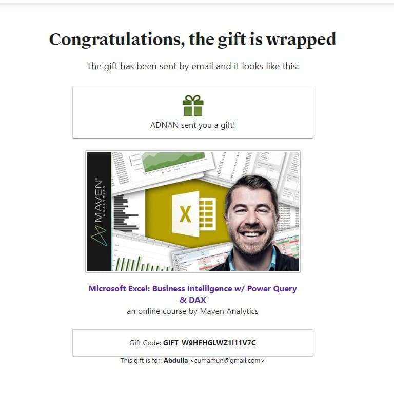 Purchase proof — business intelligence ms Excel Udemy course delivery in Bangladesh