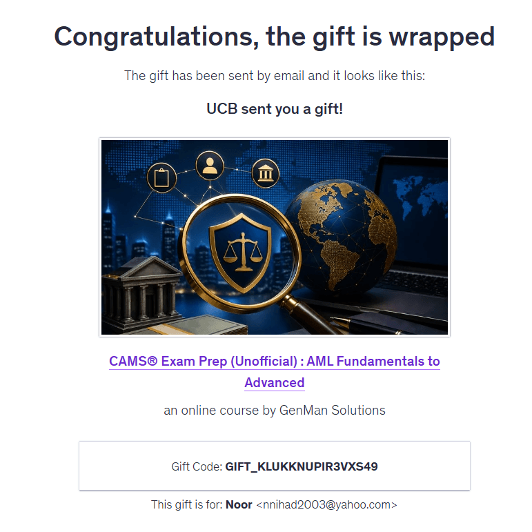 Purchase proof — cams-exam-prem Udemy course delivery in Bangladesh