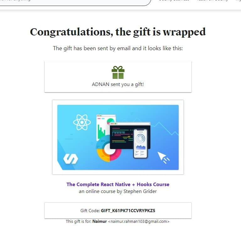 Purchase proof — complete react native Udemy course delivery in Bangladesh