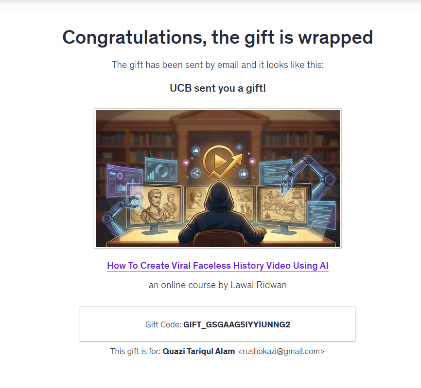 Purchase proof — faceless history Udemy course delivery in Bangladesh