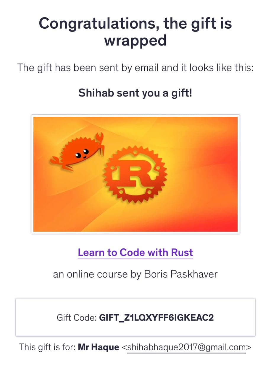 Purchase proof — rust Udemy course delivery in Bangladesh